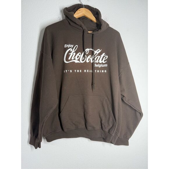 Rare Gildan Heavy Blend Cotton Blend Enjoy Chocolate Belgium Hoodie Size XL - Picture 1 of 9
